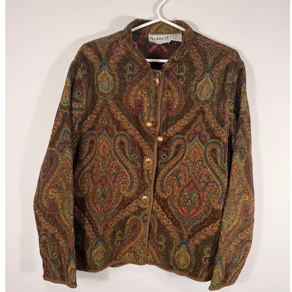 Flashback Vintage Tapestry Paisley Jacket Brown Boho Toggle Button Coat Large